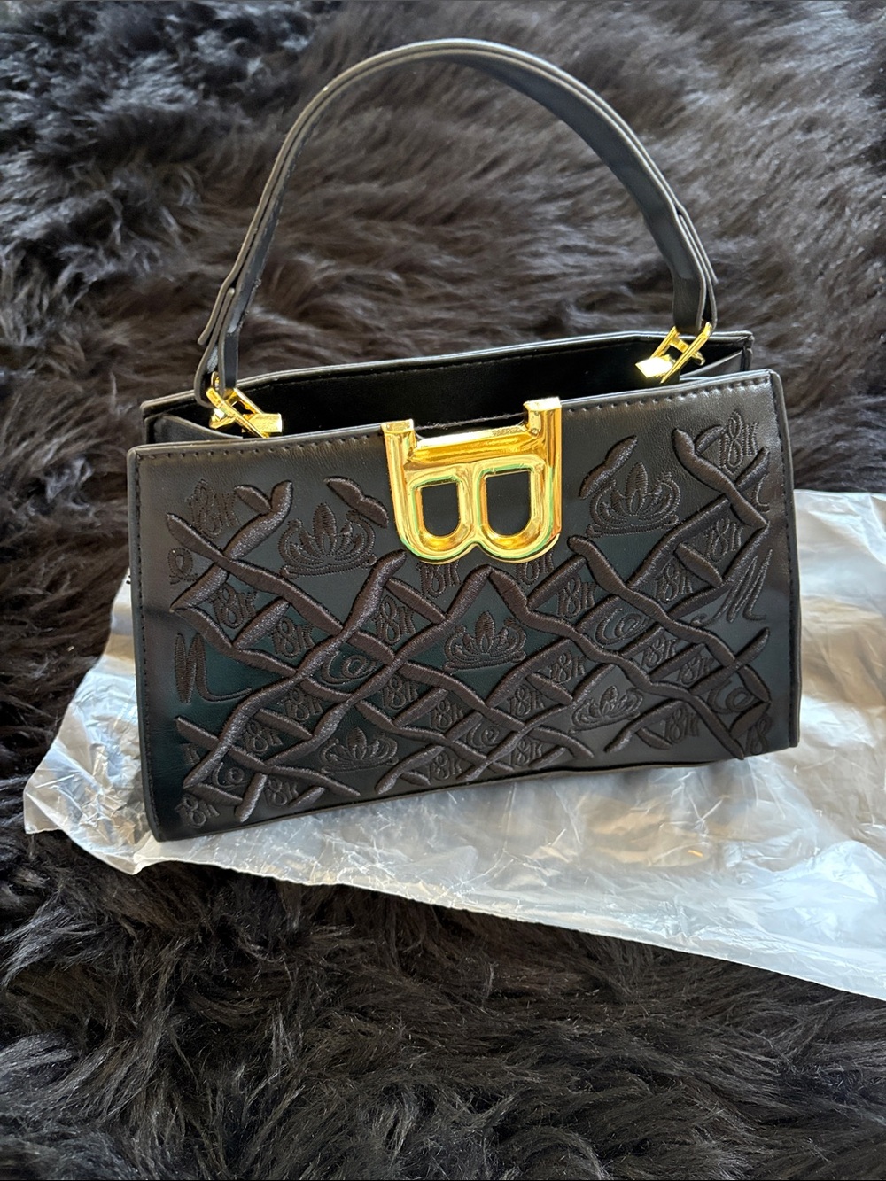 Black Embossed Shoulder Bag with Gold Hardware - Picture 6 of 8